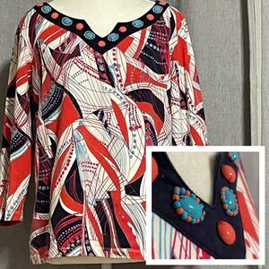 Retro Ruby Rd Womens L Embellished Abstract V Neck 3 4 Sleeve Print Cotton Top